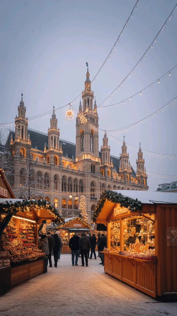 Mercado de Natal iluminado diante da prefeitura de Viena sob a neve, roteiro personalizado em Viena e Salzburgo, Áustria