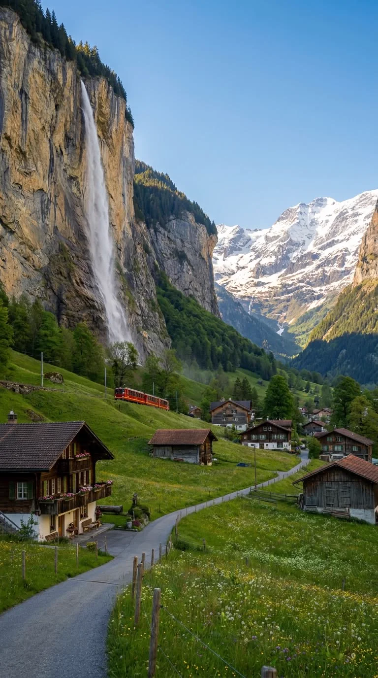 Vale verde de Lauterbrunnen com cachoeira, chalés e montanhas nevadas, roteiro personalizado em Interlaken e Oberland, Suíça