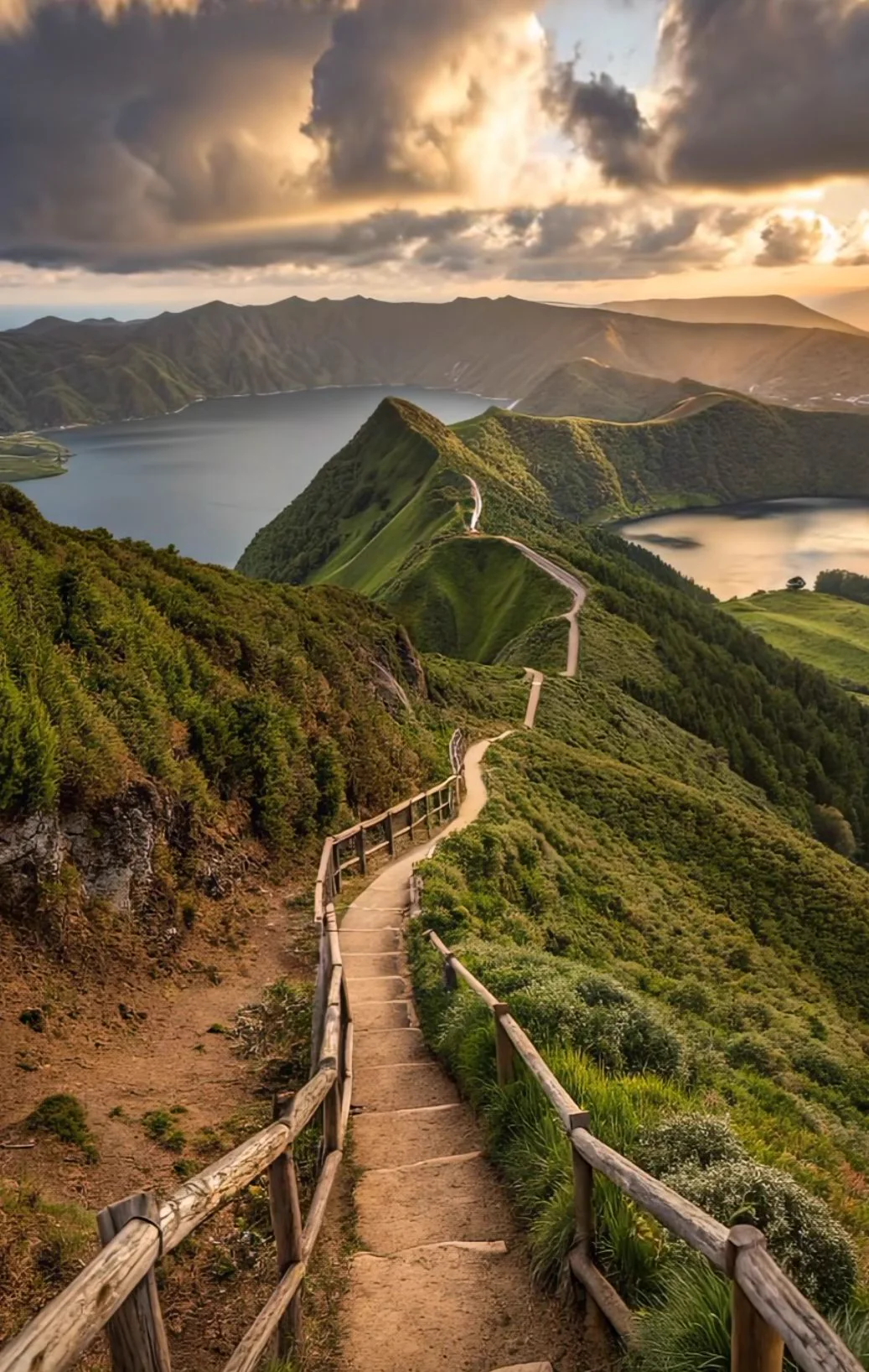 Trilha entre montanhas verdes e lagoas ao pôr do sol, roteiro personalizado em Madeira, Portugal