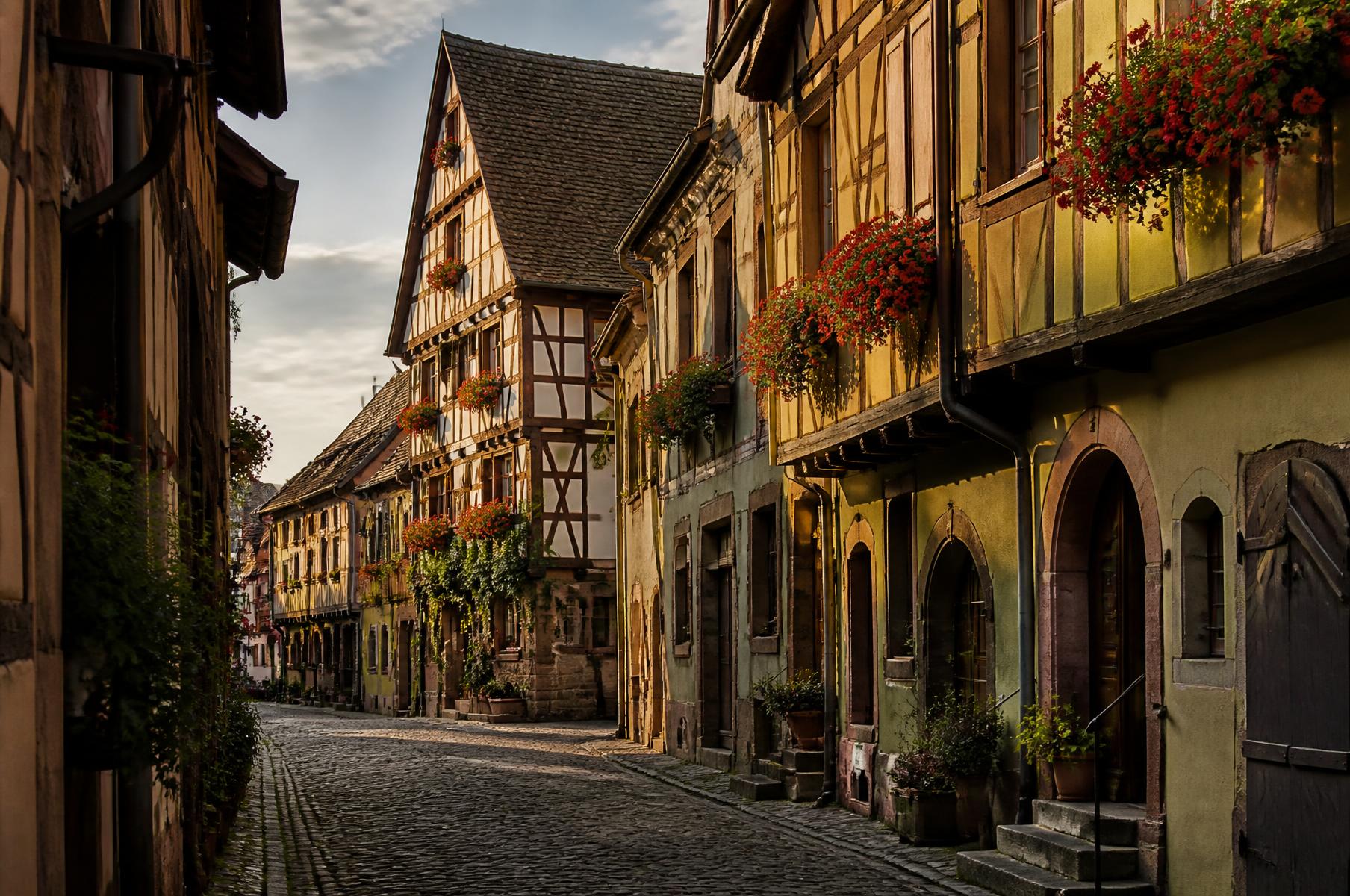 Rua de pedras com casas de enxaimel e gerânios nas janelas na Alsácia, roteiro personalizado na França